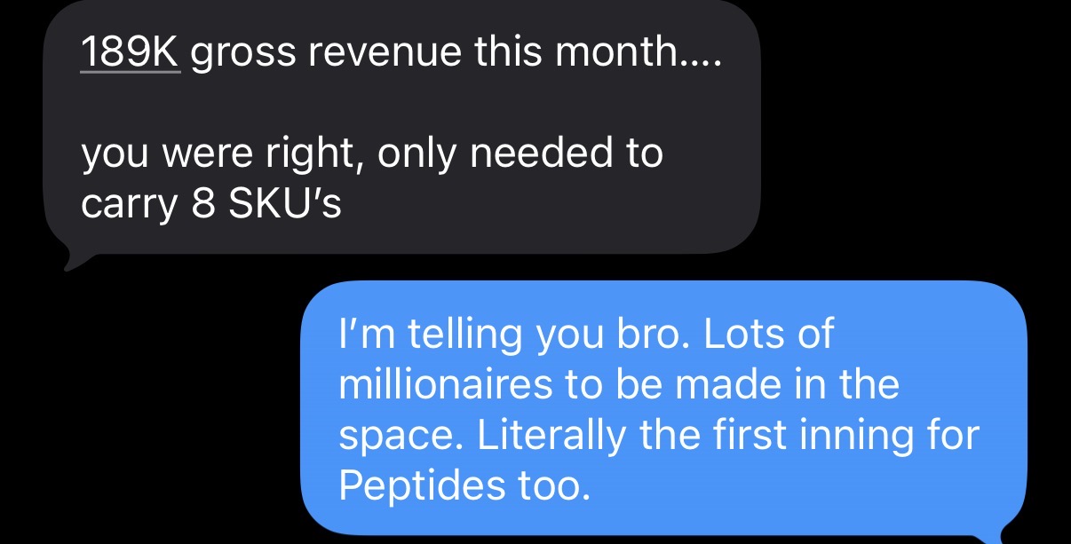 Operator text to Blake: '189K gross revenue this month — you were right, only needed to carry 8 SKUs.'