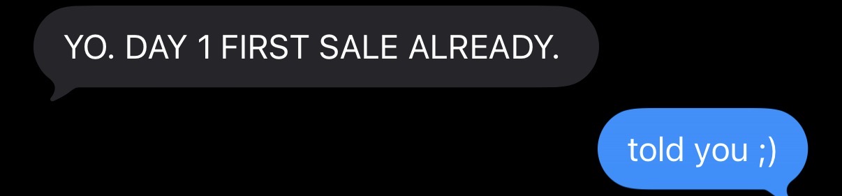 Operator text to Blake: 'YO. DAY 1 FIRST SALE ALREADY.'